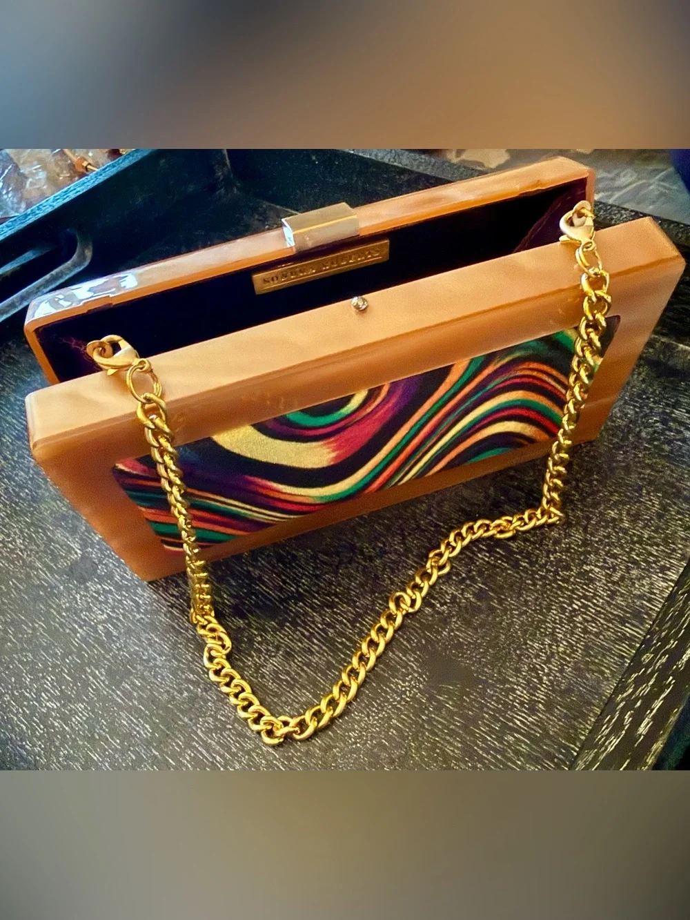 Sondra Roberts Multi-Color Swirl Velvet Clutch with Gold Frame & Gold Chain